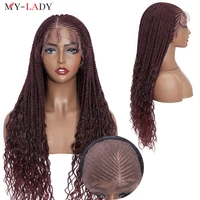 my lady 29inches synthetic cornrow lace front wig frontal long curly ends for french black woman hair box afro braided wigs