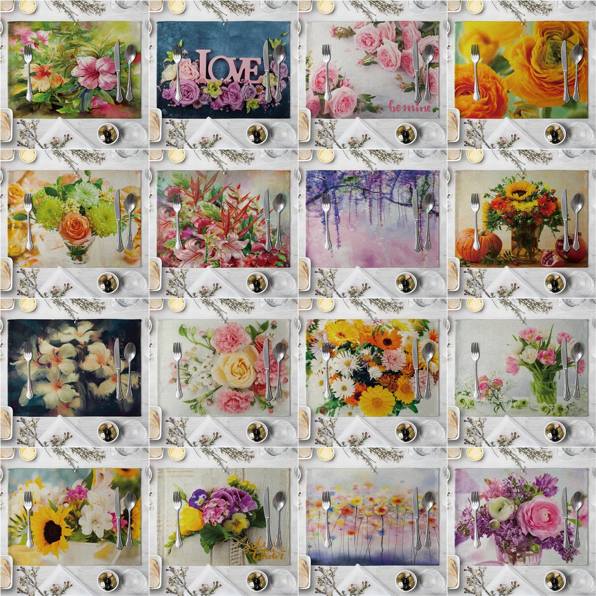 

Luxury Bright Bouquet Pattern Placemat Cotton Linen Fabric Table Mats Family Dinner Tableware Kitchen Table Mat