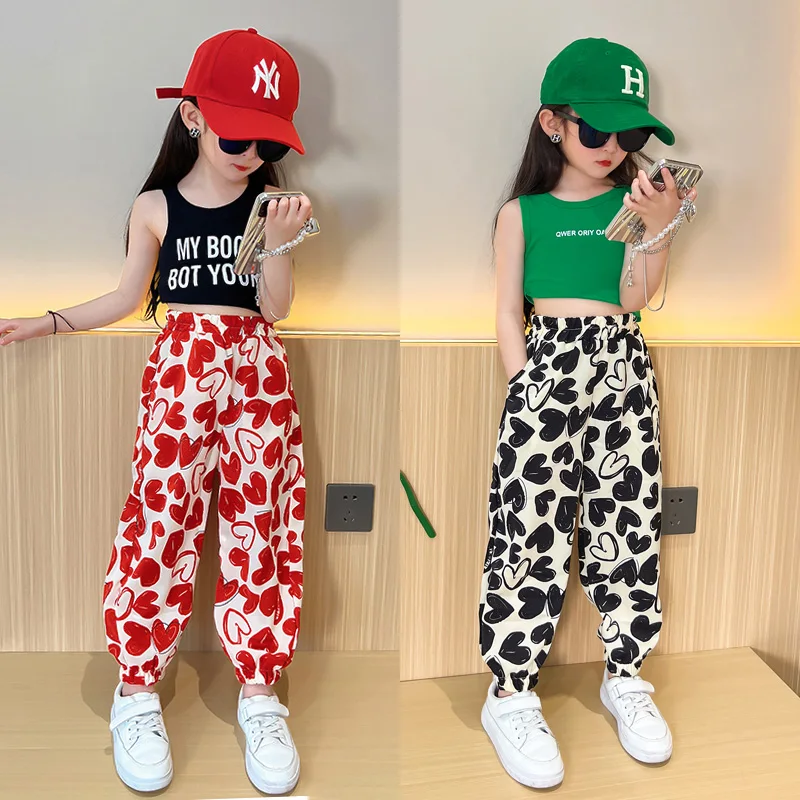 

Summer Girls Pants Baby Trousers Kids Pants For Teenage Children Bottoms Fashion Casual Heart Print 4-13Y