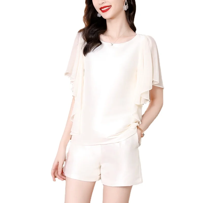 

Elegant women beige tops shorts sets women ruffles shirts with shorts suits lady's summer loose sets office work wear dis5