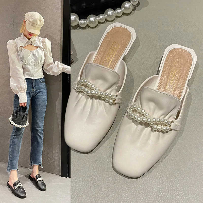 

Shoes Low Woman's Slippers String Bead Female Mule Slides Cover Toe 2022 Mules Rubber Fabric PU Sweet Hoof Heels Basic Cover Toe