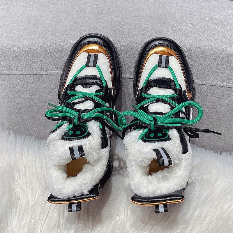 

Папины туфли Новинка 2022 из овечьей шерсти спортивные кашемировые осенне-зимние женские туфли снегоступы кроссовки на платформе для теннис...