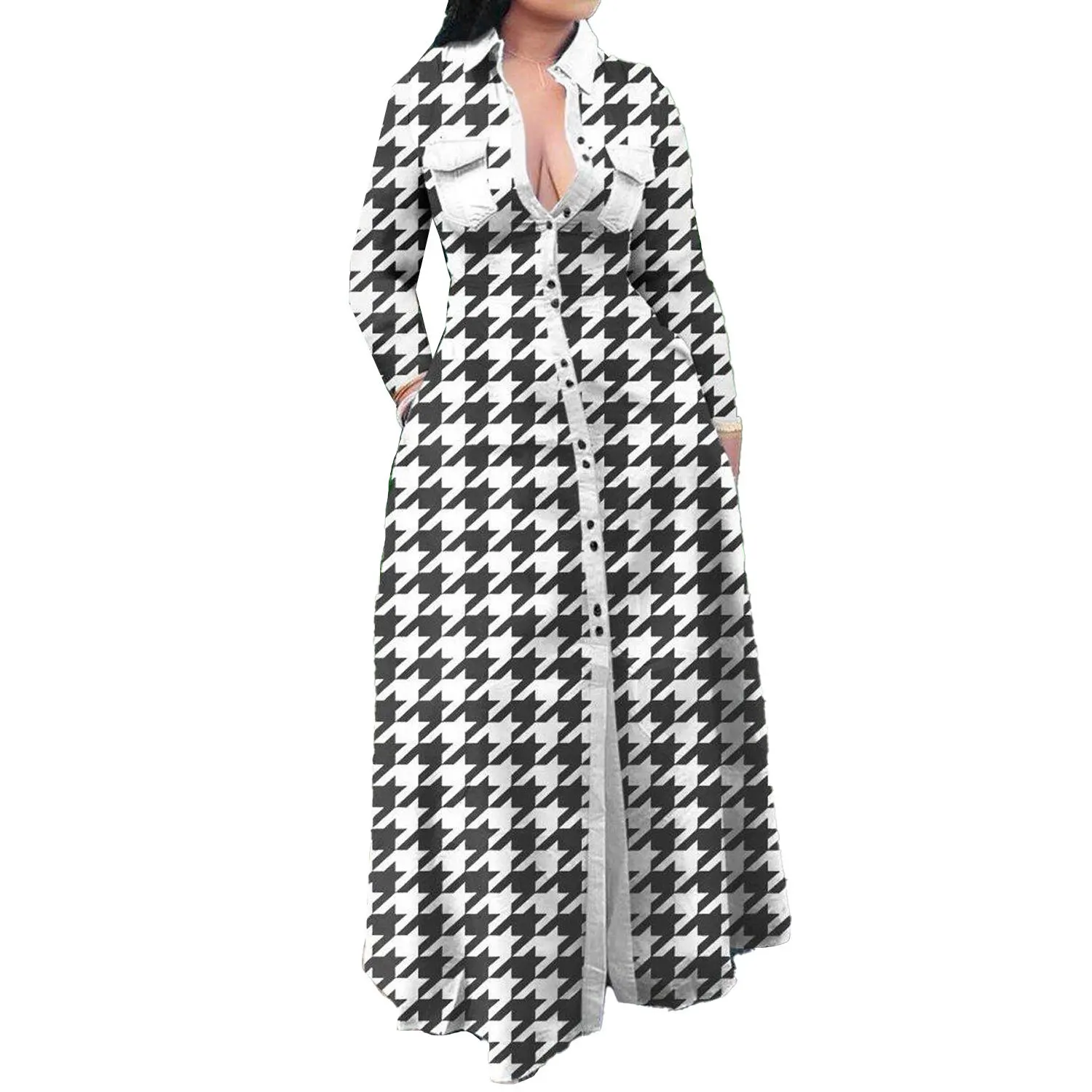 Plus Size Dresses Plus Size Outwear Sexy Printed Long Sleeve DressTurn-down Collar Single Breasted Long Sleeve Dresses for Women