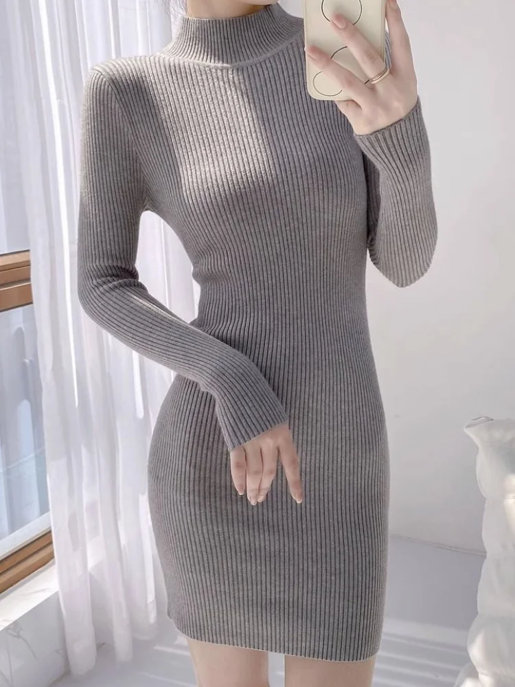 Мини облегающее платье-свитер с ложным воротником женское вязаное сексуальное