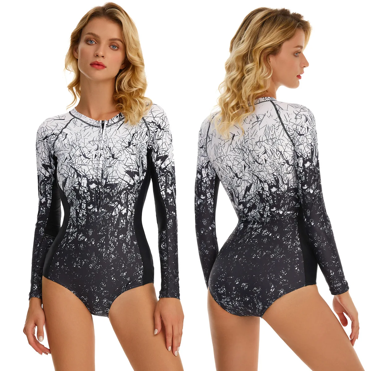 

Women's sexy front zipper printed long-sleeved one-piece swimsuit Sun protection sports beach swimming snorkeling suit