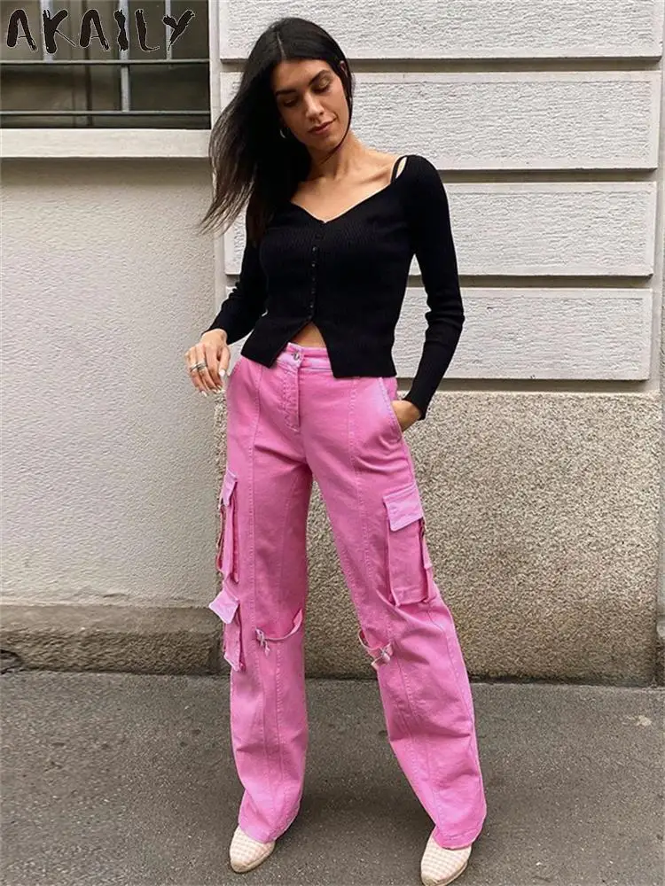 

Akaily летние розовые дорогие брюки для женщин 2022 Черные Мешковатые широкие брюки с высокой талией женские повседневные модные длинные брюки ...