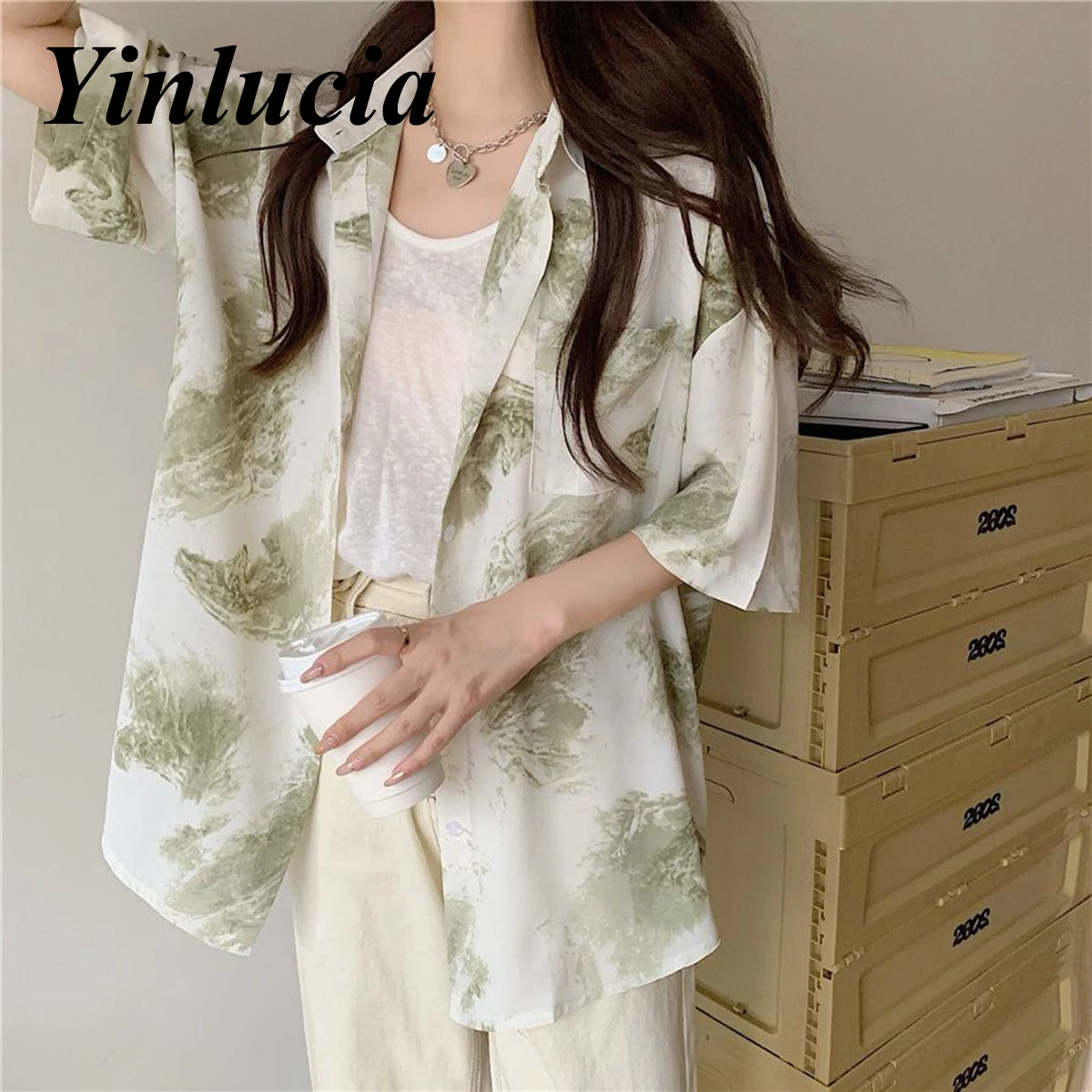 

Women Blouses Green Irregular Printed Tee Personalized Design Short Sleeve Summer Street Beach Y2K Loose Shirts Retro T Shirt