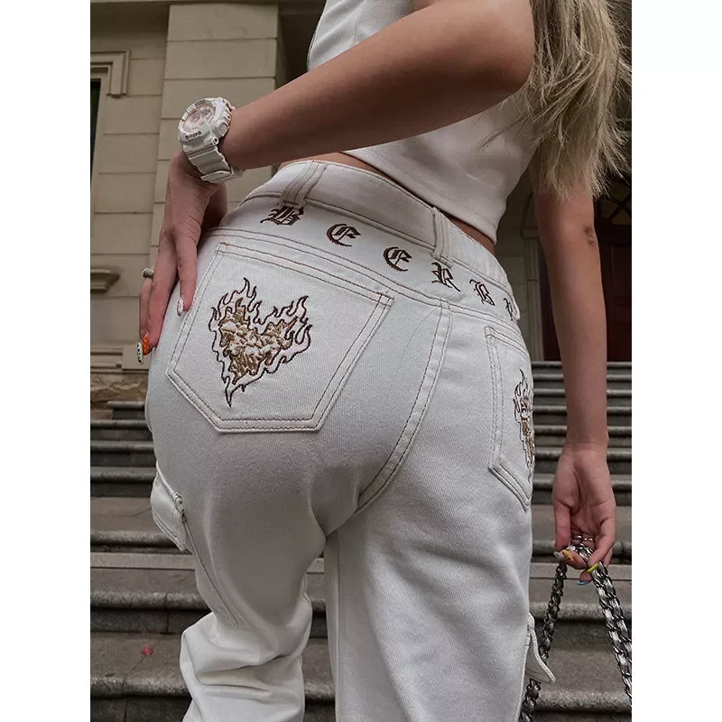 

Summer New Women Jeans Embroidery Street Wide Leg Pants Trendy Jeans Womens Korean Style High Waist Street High Waist Jean 2021
