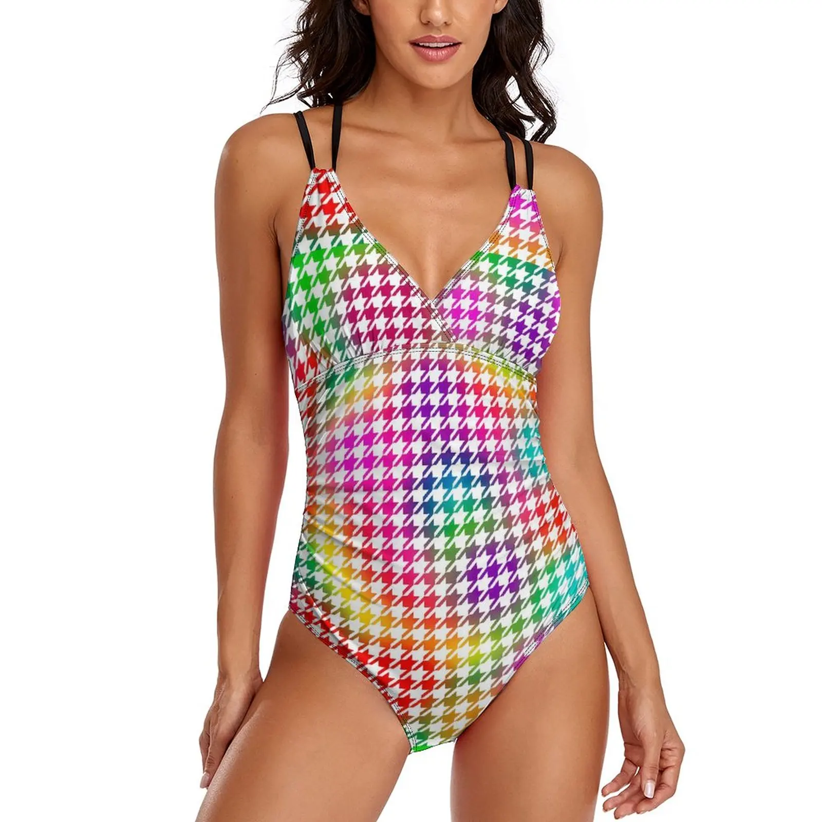 

Houndstooth Psychedelic Swimsuit Print One Piece Swimwear Push Up Fitness Bathing Suits Sexy Cross Back Bodysuit Beach Outfits