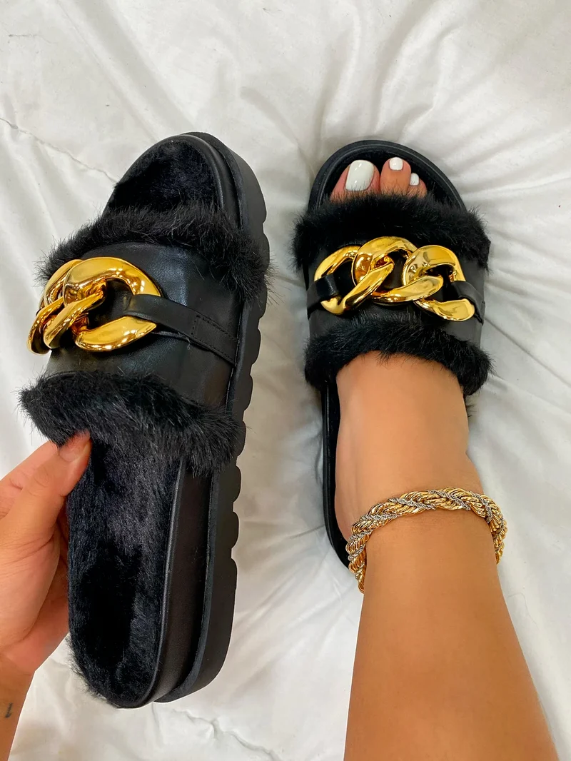Shoes for Woman Winter Plush Slipper Fashion Open Toe Solid Color Women's Slippers Metal Chain Ladies Platform Casual Daily Shoe