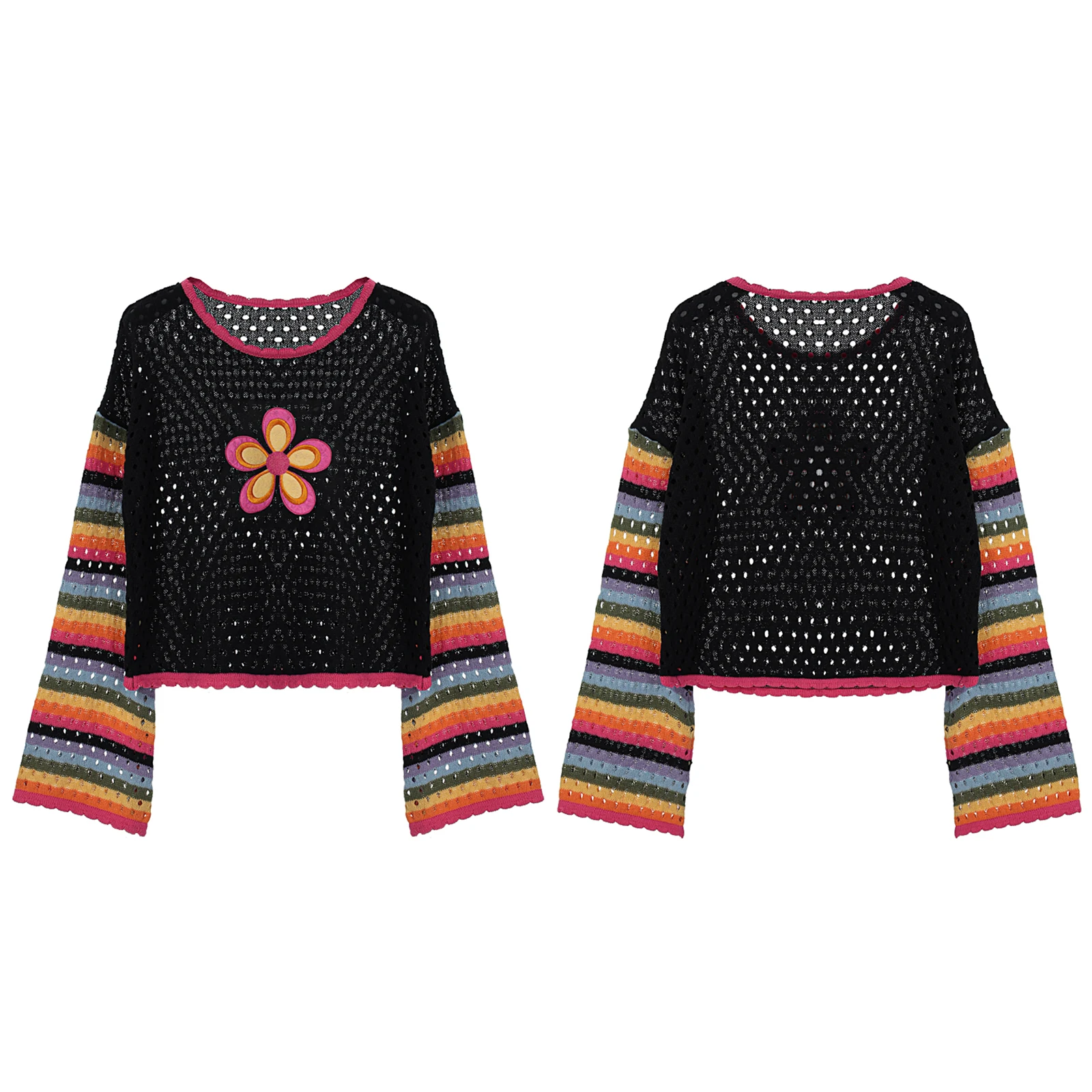 

Autumn Women Knit Crew Neck Long Sleeve Pullovers Fashion Flower Stripes Hollowed T-Shirt Ladies Casual Cover-up Tops