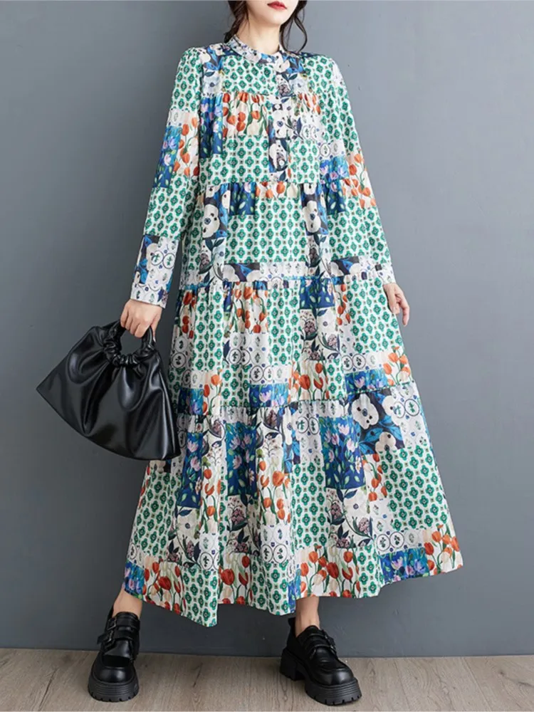 Женское плиссированное платье-трапеция с длинным рукавом свободного покроя