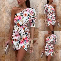 springsummer 2022 womens printed one shoulder hip wrap dress high waisted slim dress backless sexy sleeveless gift
