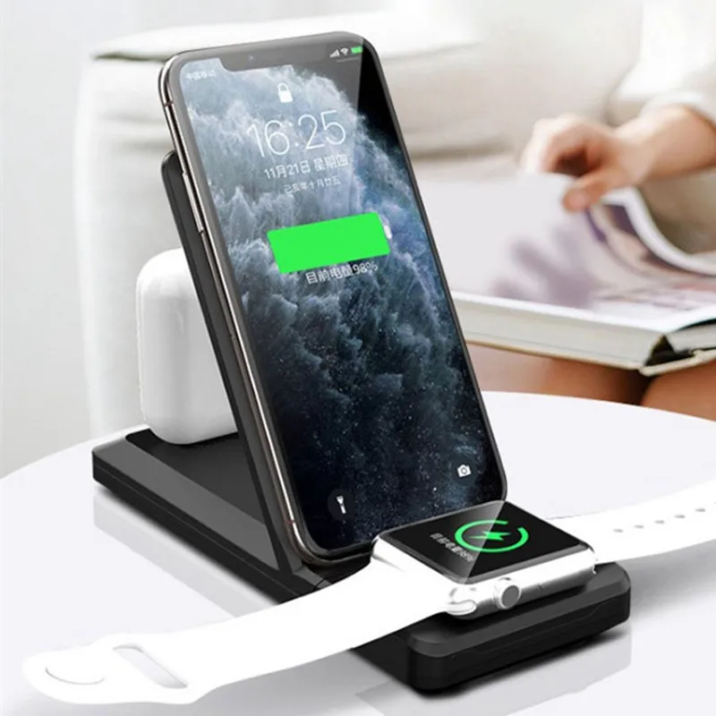 

Беспроводное зарядное устройство 3 в 1, складная станция для быстрой зарядки, 15 Вт, для Airpods2 Pro, Apple Watch, IPhone 12 Pro Max, 12Mini, Xs, XR, 8, 7 Plus