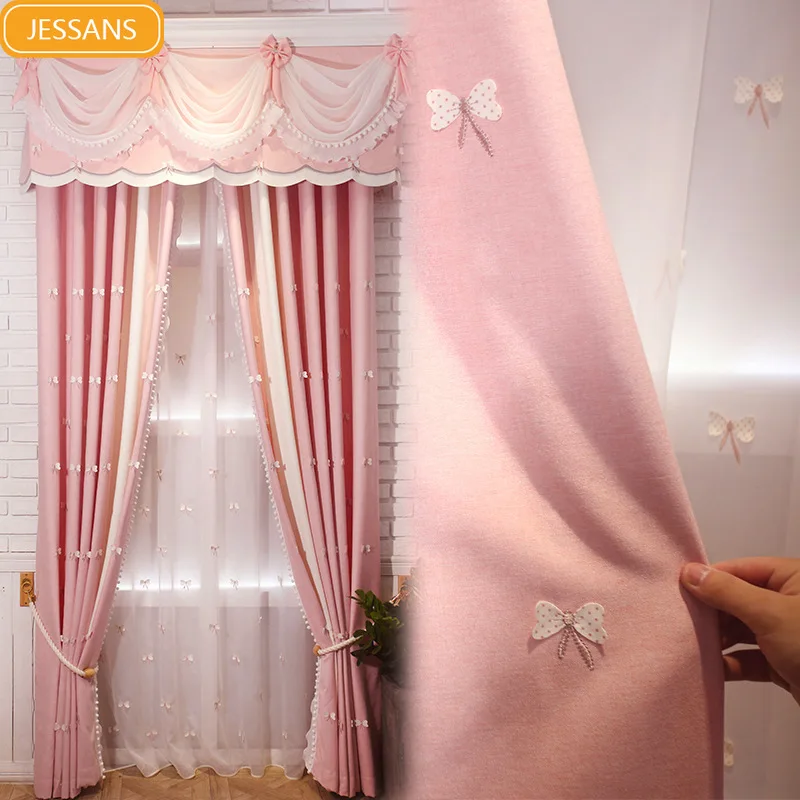 

Children's Room Curtain Finished Simple Modern Bedroom Bay Window Girl's Heart Princess Style Butterfly Embroidered