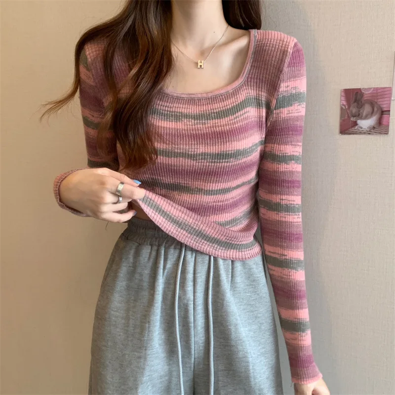 

2022 Early Autumn New Fashion Square Collar Simple Striped Temperament Long-sleeved Sweater Women