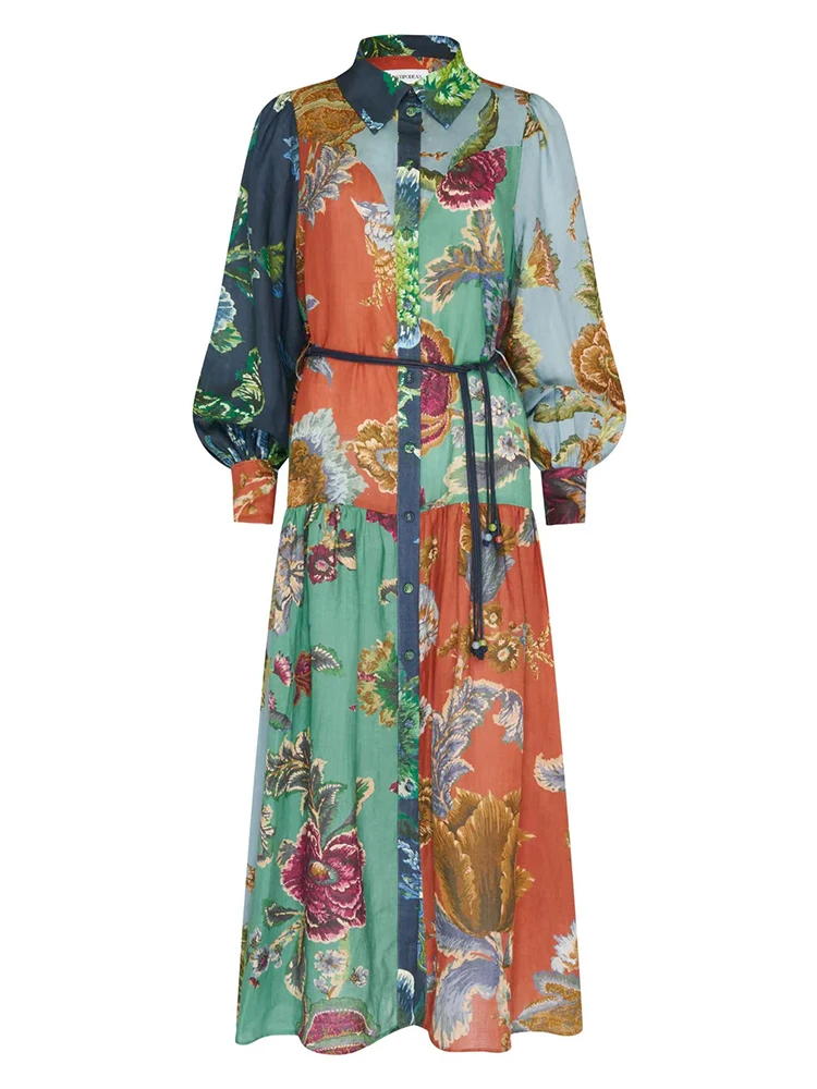 Женское длинное платье с цветочным принтом VGH Повседневное отложным воротником