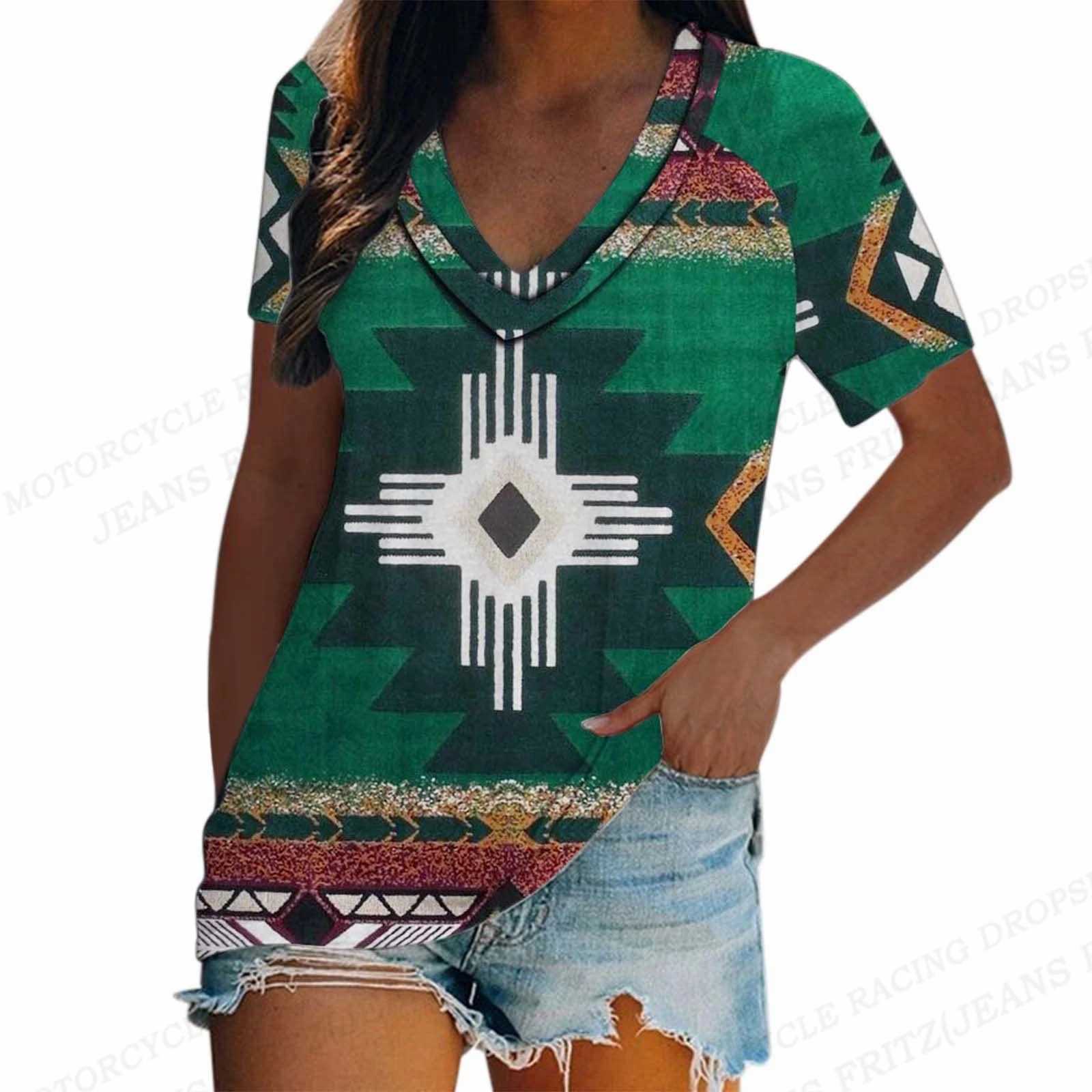 Summer Vintage T Shirt Native 3d Print T-shirt Women Fashion T-shirts V-Neck Short Sleeve Tops Tees Ethnic Tshirt Ladies Tops Eu