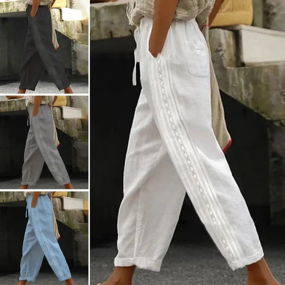 

Women Pants Elastic Waist Lace Stitching Comfortable Minimalistic Trendy Everyday Wear Cotton Hemp Drawstring Design Long Pants