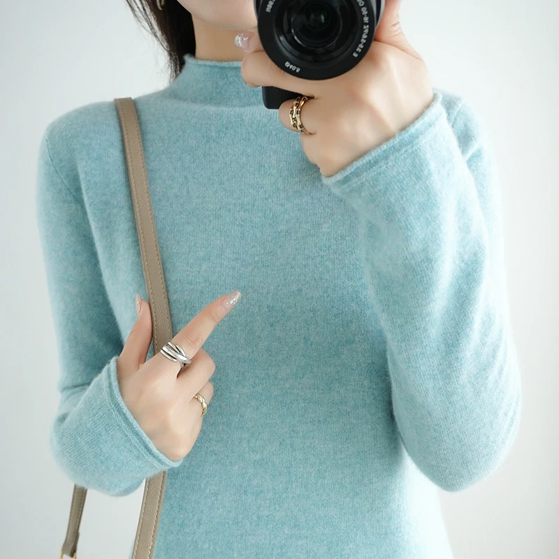 

Autumn Winter Woman's Sweaters Basic Style Half Turtleneck Long Sleeve 100% Wool Knitted Jumper Female Pullover Clothing Tops