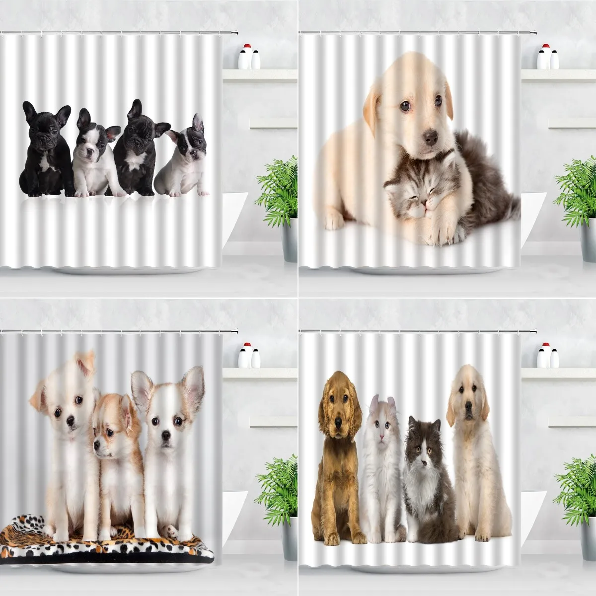 

Cute Cat Dog Shower Curtains Black Funny Animals French Bulldog Pattern 3D Print White Home Bathroom Decor Hook Bath Curtain Set