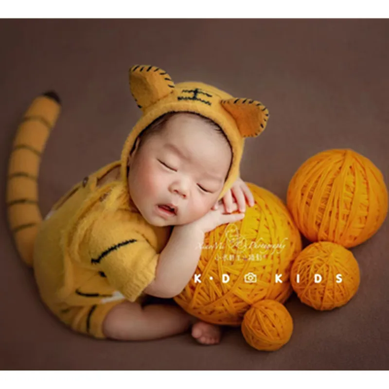 Baby Photography Costumes Tiger Hat+Jumpsuits+Tail 3 Pcs/Set Infant Photo Props Accessories Studio Newborn Shooting Clothing
