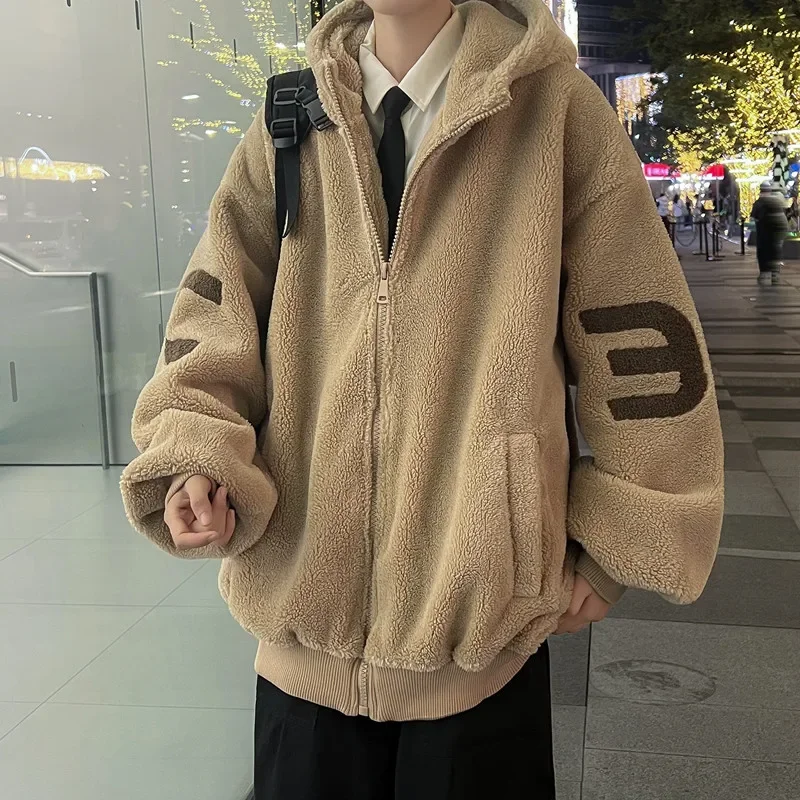 

Lamb Fleece Cotton Coat Korean Version 2023 Men Winter Plush Thickened Loose Fashion Brand Cotton Coat Casual Warmth