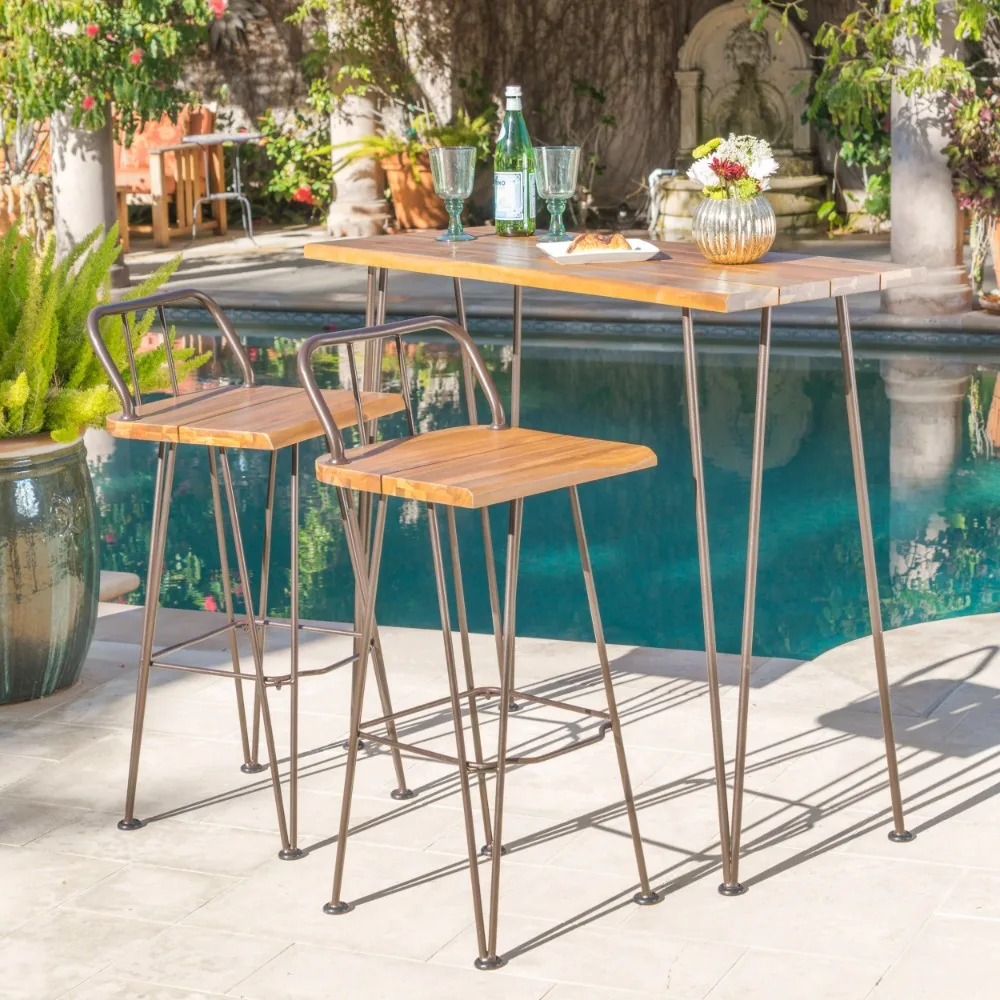 

River Street Designs Edward Outdoor 3 Piece Industrial Acacia Wood Bar Set with Iron Frame, Teak, Rustic Metal