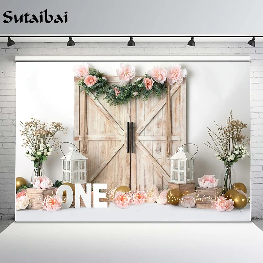 

Photography Background Wooden Door Garden Floral Grass Girl 1st Birthday Party Balloons Light Up Decor Studio Photocall Backdrop