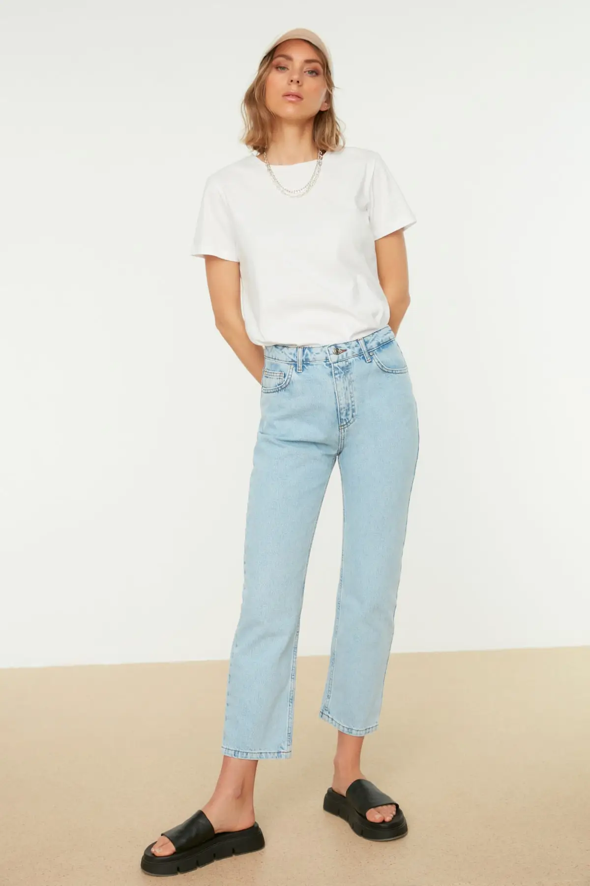 

Women's Jean Blue High Waist Straight Full Length Straight Pant Streetwear Female Buttons Zipper Ladies