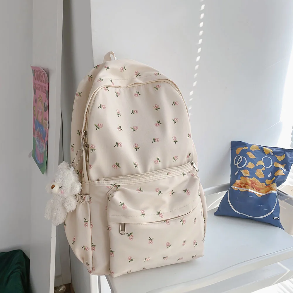 

Fashion Floral Backpack Large Capacity Schoolbag College Teenage Girl Travel School Book Bags Mochila with Pendant Decor