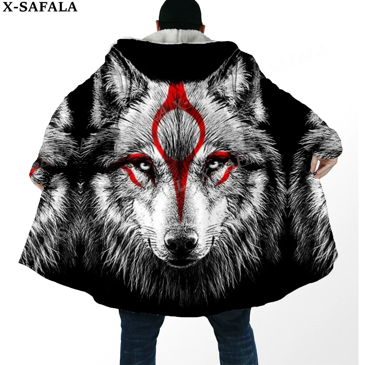 Толстая Теплая мужская накидка с капюшоном и принтом татуировок Okami Wolf пальто
