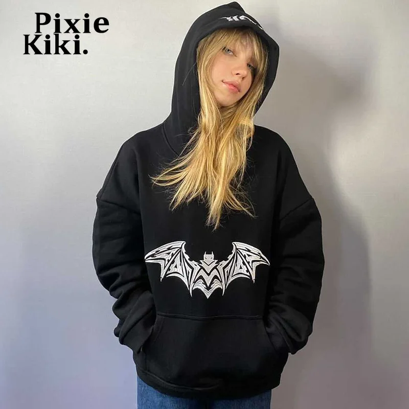 

Черные толстовки PixieKiki с вышивкой Y2k, уличная одежда, свитшоты большого размера в стиле Хэллоуина, Топ с длинным рукавом в стиле кибер-готики