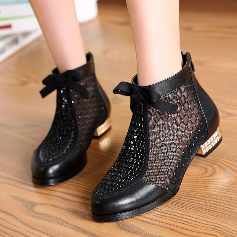 

Summer New Cool Mesh Boots Fashion Rhinestone Bow Mesh Women Leather Women's Shoes Hollow Fishmouth Boots Plus Size 35-44 CB-12