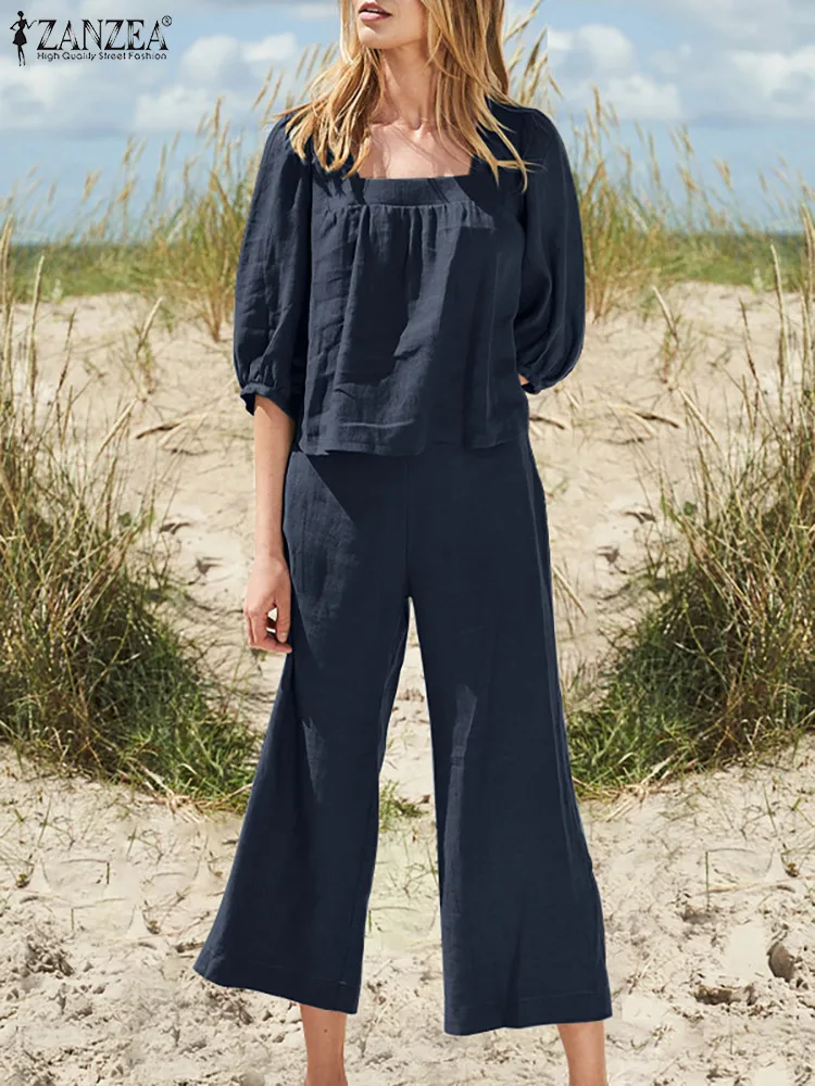 

ZANZEA Summer Elegant Matching Set Woman Half Sleeve Square Collar Neck Blouse Wide Leg Pant Casual Holiday Urban Tracksuit 2PCS