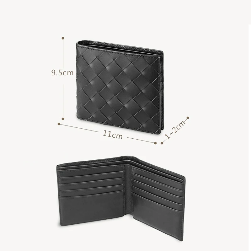 High Quality Genuine Leather Plaid Woven Short Bi-Fold Wallet Simple Business Ultra-Thin Multi-Card-Slot Horizontal Pocket Clip images - 6