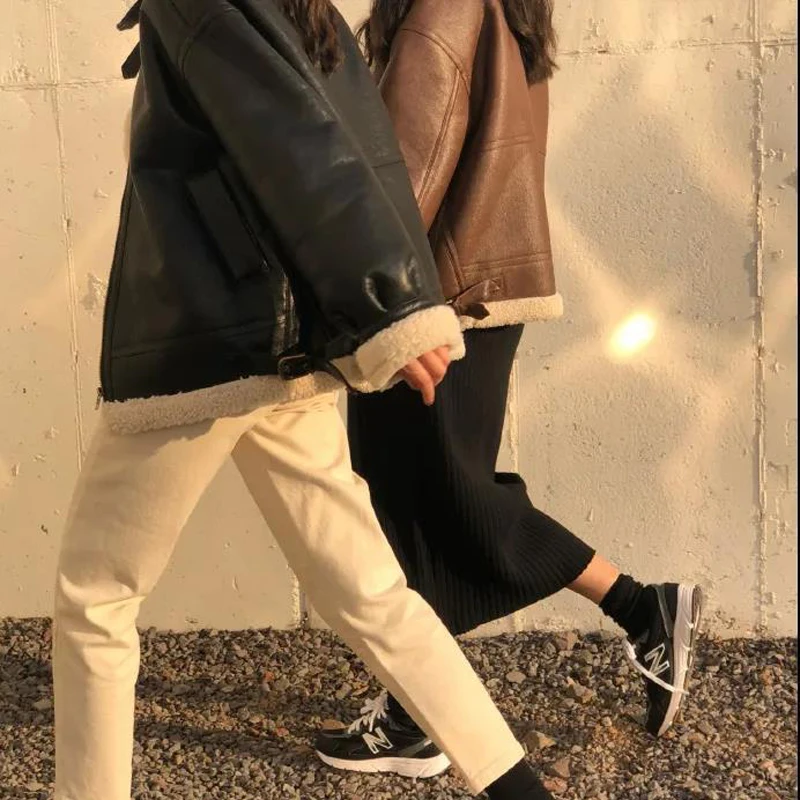 Faux Fur Lambswool Coat Winter Women Jacket Leather Coats Loose Warm Thicken Autumn Black Chic Outwear Female Jackets