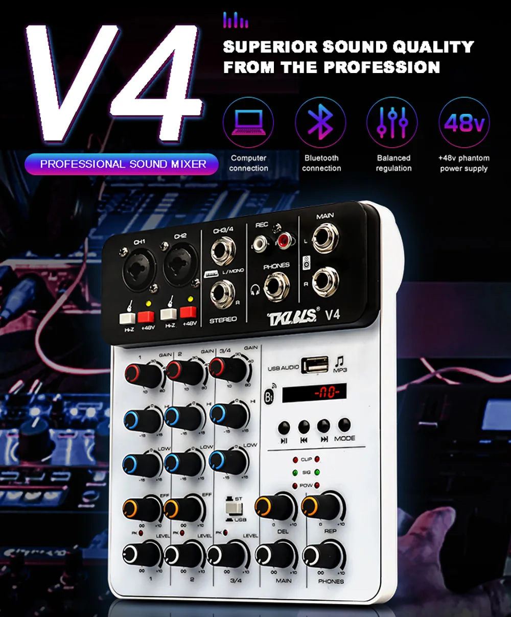 4 Channels Audio Mixer Bluetooth USB Record Computer DJ Console Mixing 48V Phantom Power Delay Repaeat Effect V4 Sound Mixers
