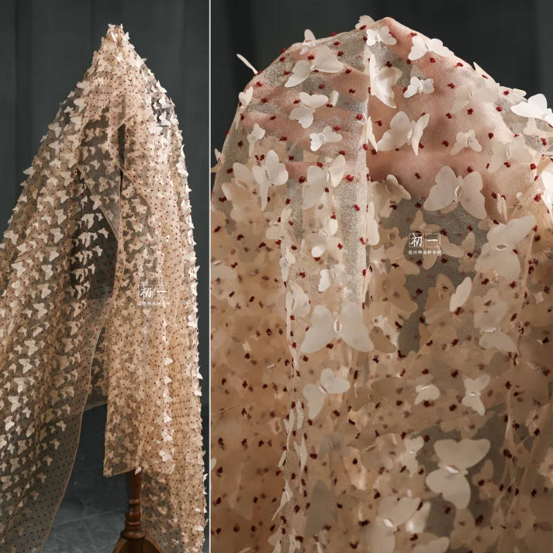 

Apricot Three-dimensional Butterfly Mesh Fabric Lightweight Elegant Embroidery Wedding Dress Shawl Apparel Designer Sewing Cloth