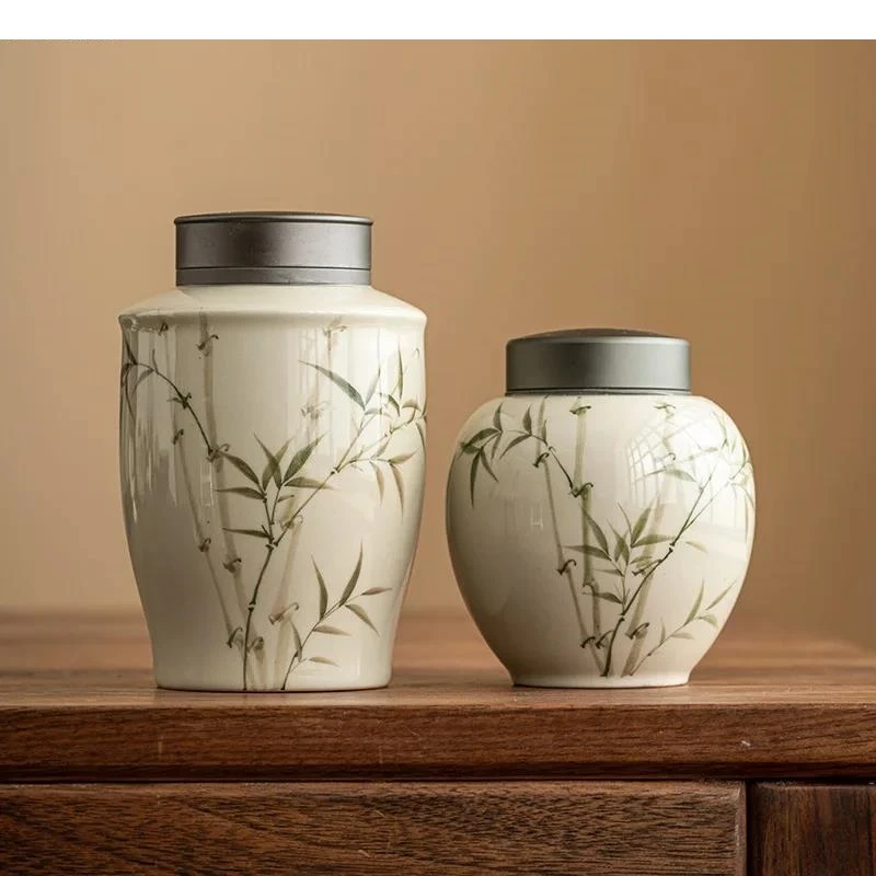 Ручная работа керамическая банка для чая с листьями бамбука крышка из сплава