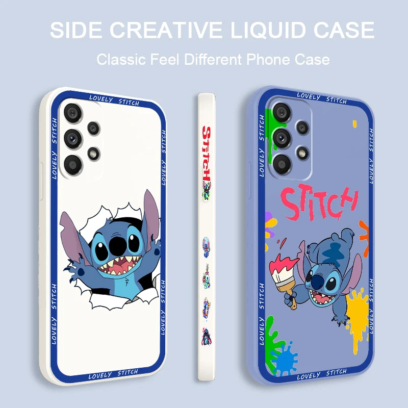 

Disney Stitch Art Cartoon Phone Case For Samsung Note 20 10 Plus Ultra A22 A12 A71 A51 A31 A21S A50 A23 5G Liquid Left Rope