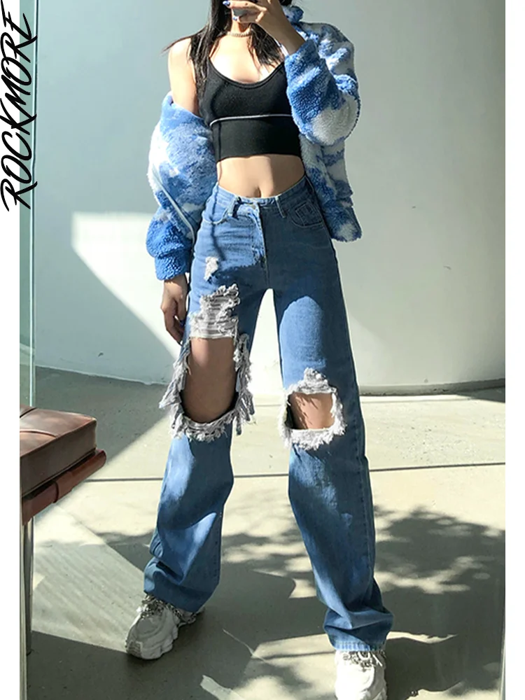 

Rockmore Ripped Jeans Womens Baggy Holes Wide Leg Pants High Waist Streetwear Cargo Denim Trousers Loose Casual Vintage Fashion