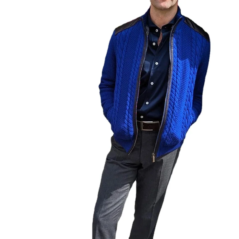 Autumn Winter Knitting Coat Men Solid Color Slim Patchwork Cardigan Coat Men Long Sleeve Zipped Stand Collar Plush Sweater Coat