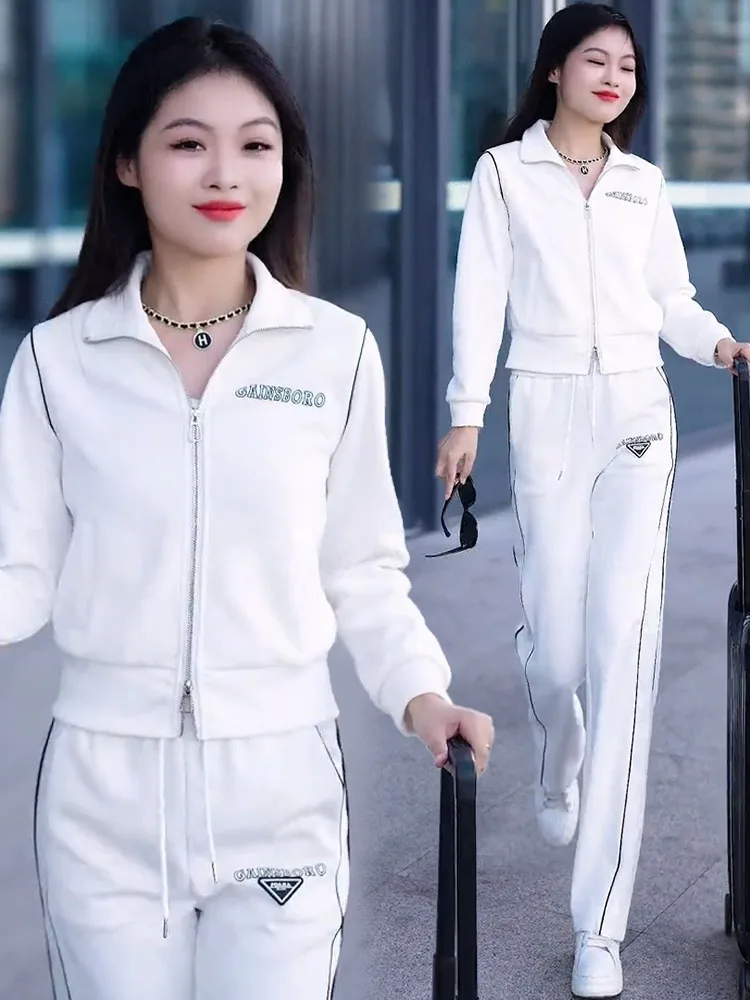 High Cotton Casual Fashion Set Women 2024 Spring and Autumn New Western Sle Versatile Stand Collar Hoodie Sweatpants Two-pi...