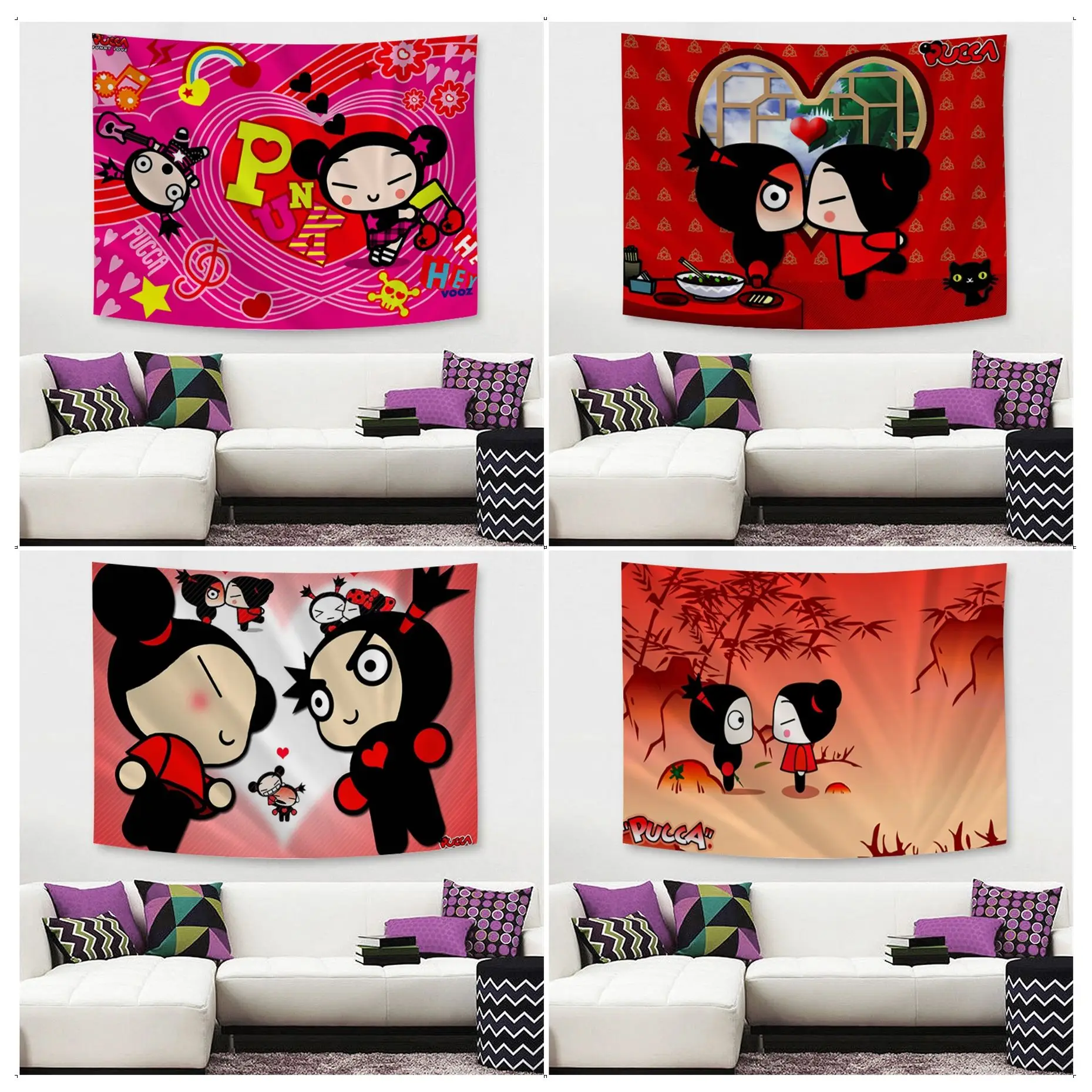 

Pucca And Garu DIY Wall Tapestry Hanging Tarot Hippie Wall Rugs Dorm Japanese Tapestry