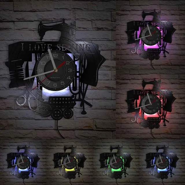 

Швейные винтажные настенные часы ручной работы, настенные часы с виниловой пластиной, настенные часы, швейная машина, серия, искусство, Наст...