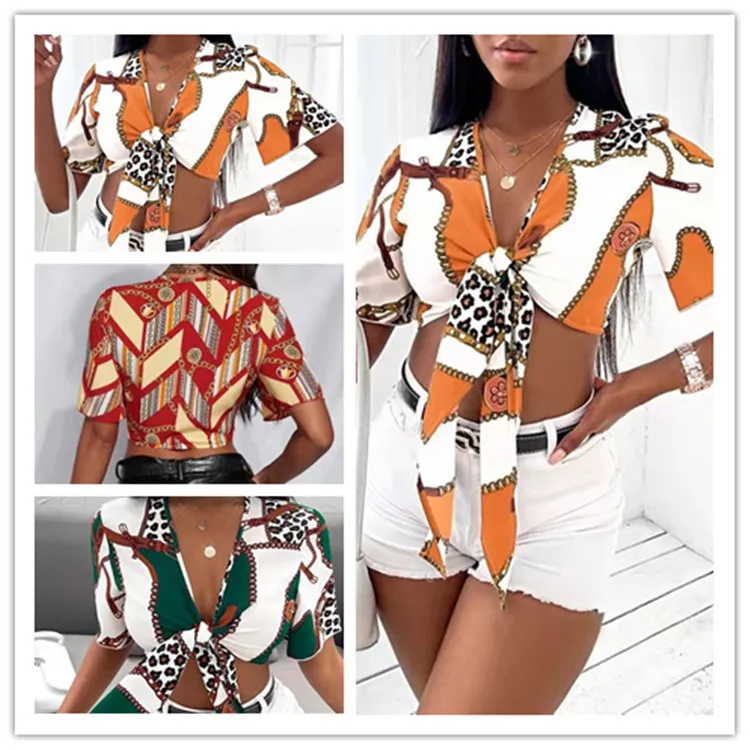 

2022 New Women's Clothing Summer Spring Fashion Short Sleeve Printed Shirt V-neck Bow Tied Shirt Blouse Sexy Printed