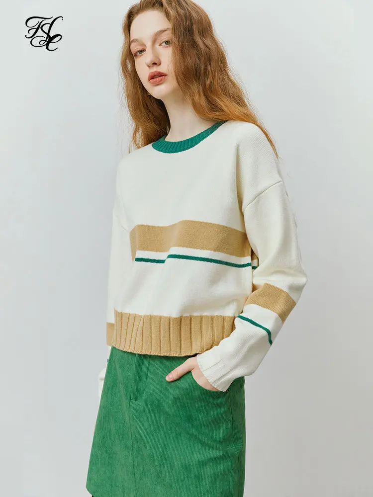 

FSLE 13.1% Wool Women Loose Casual Drop Sleeve Pullover Sweaters Colorblock Striped Cropped Pullover Top Sweater For Women