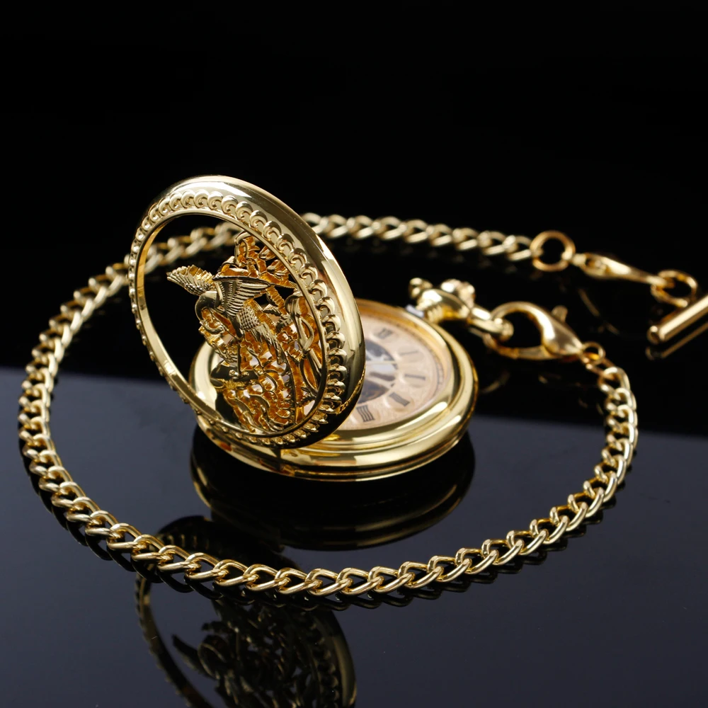 New Golden Red-Crowned Crane Sculpture Mechanical Pocket Watch Retro Hollow Case Simulated Skeleton Mens Mechanical Pocket Watch