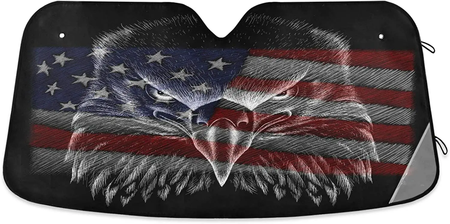 

American Flag Bald Eagle Car Windshield Sun Shade USA Patriotic Sunshade Car Shield Shade Visor Cover Reflective UV Rays Protect